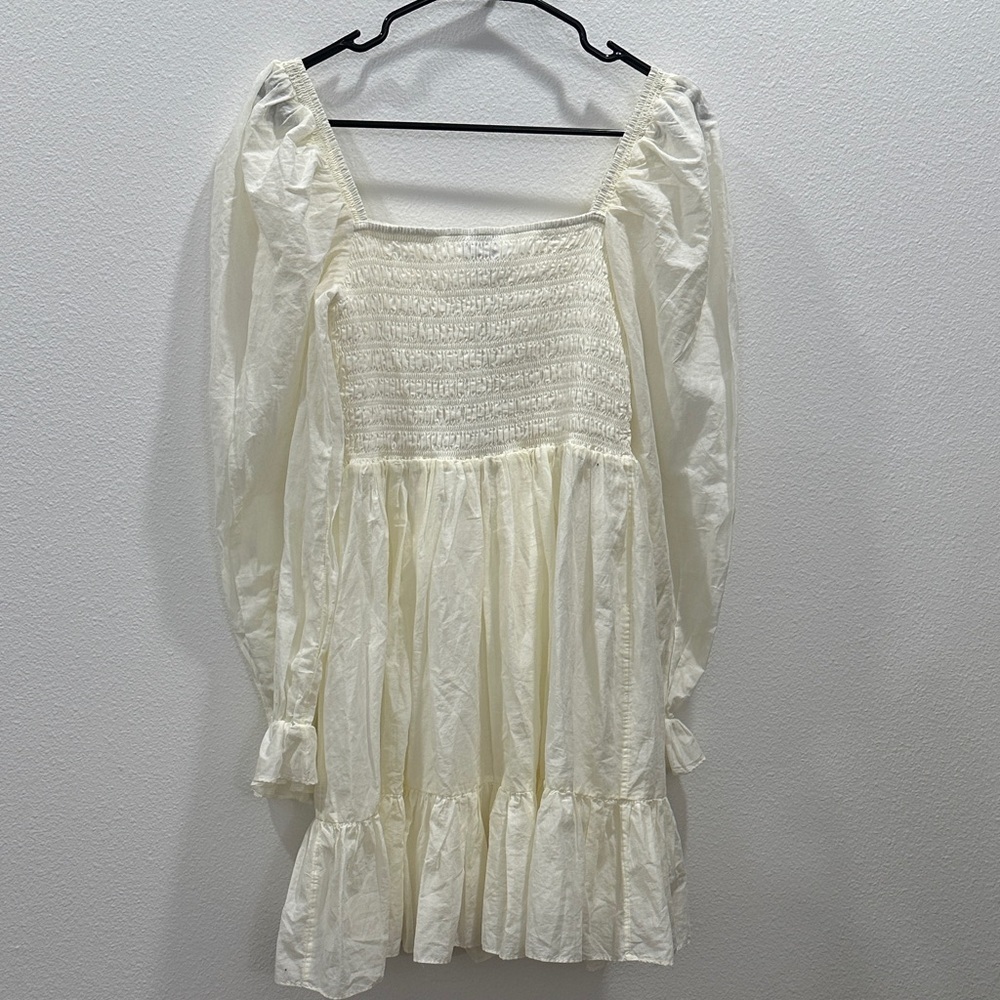 Elegant Ivory Cream Smocked Bodice Minidress long puff sleeve peasant Spring - Picture 6 of 8